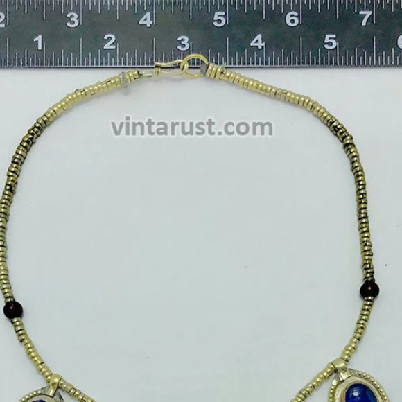 Beaded Chain Choker Necklace With Dangling Tassels and Blue Stone, Tribal Light - Picture 7 of 10